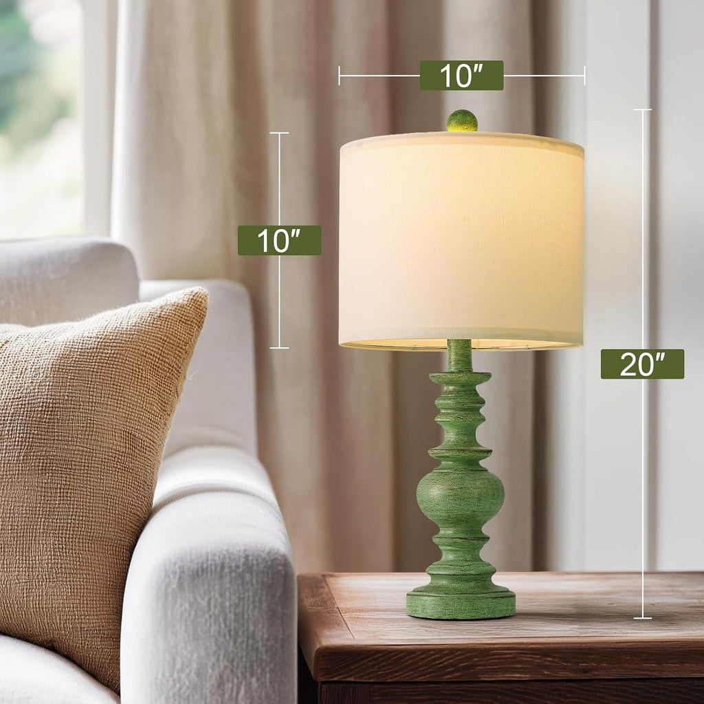 BOBOMOMO 20" Sage Green Table Lamps Set of 2 – Farmhouse Resin Bedside Lamps with Linen Shades, Handcrafted Traditional Rustic Lamp for…