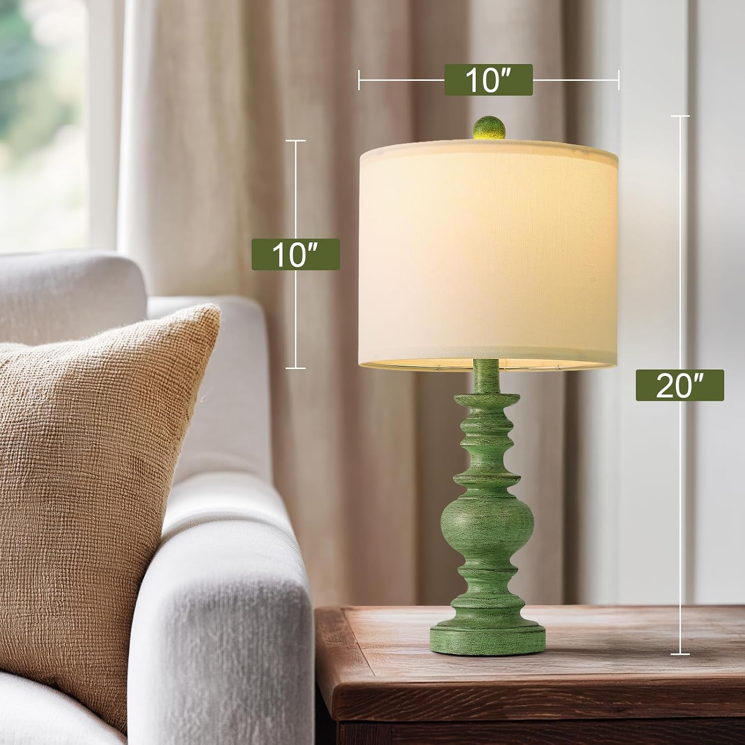BOBOMOMO 20" Sage Green Table Lamps Set of 2 – Farmhouse Resin Bedside Lamps with Linen Shades, Handcrafted Traditional Rustic Lamp for…