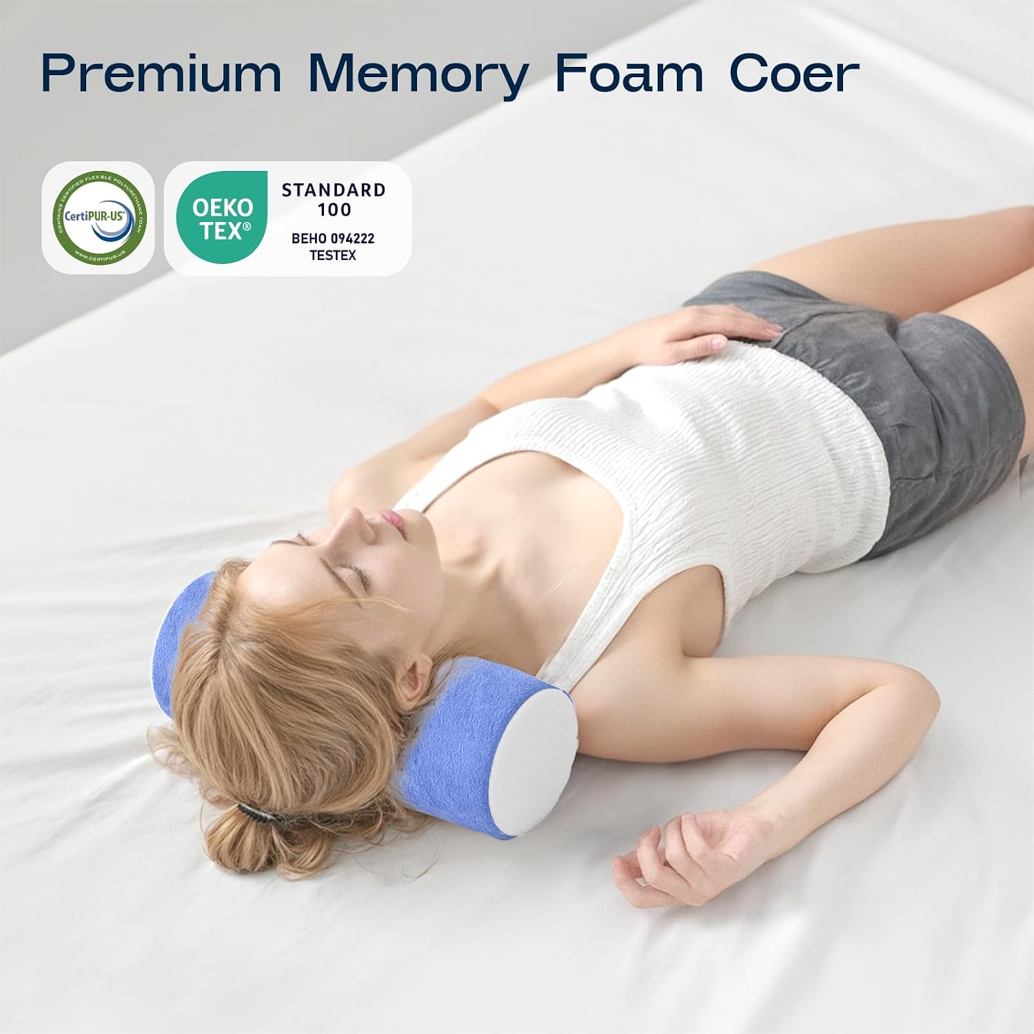 Forcanby Neck Roll Cervical Pillow for Neck - Memory Foam Neck Pillow for Bed, Round Neck Pillows for Sleeping, 15.7 * 6 * 6inch (Blue-Whit…