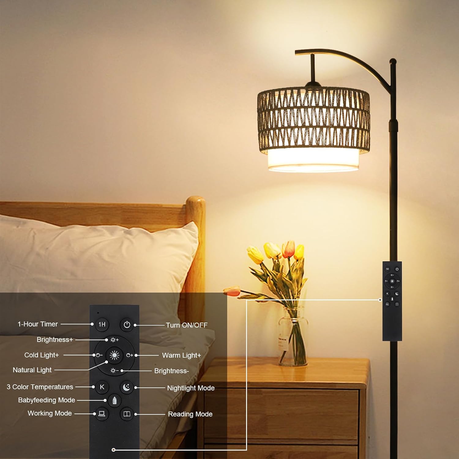 eyassi Floor Lamps for Living Room, Arc Standing Lamp with Remote & Dimmable Bulb, Boho Rattan Floor Lamp for Bedroom with 3 Color…