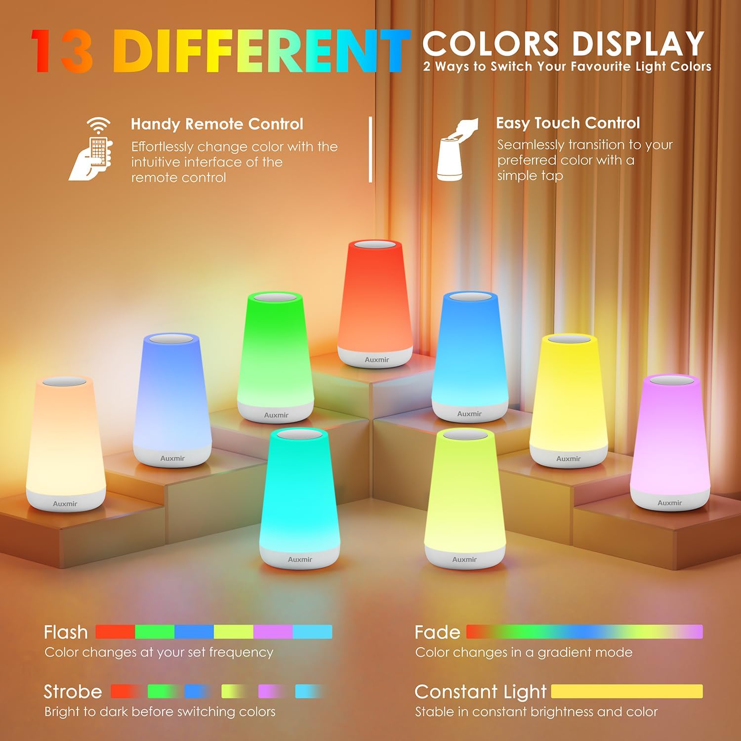 Auxmir Rechargeable LED Night Light, Touch & Remote Control Bedside Lamp with 13 Colors, 5 Brightness Levels, Portable Table Lamp for…