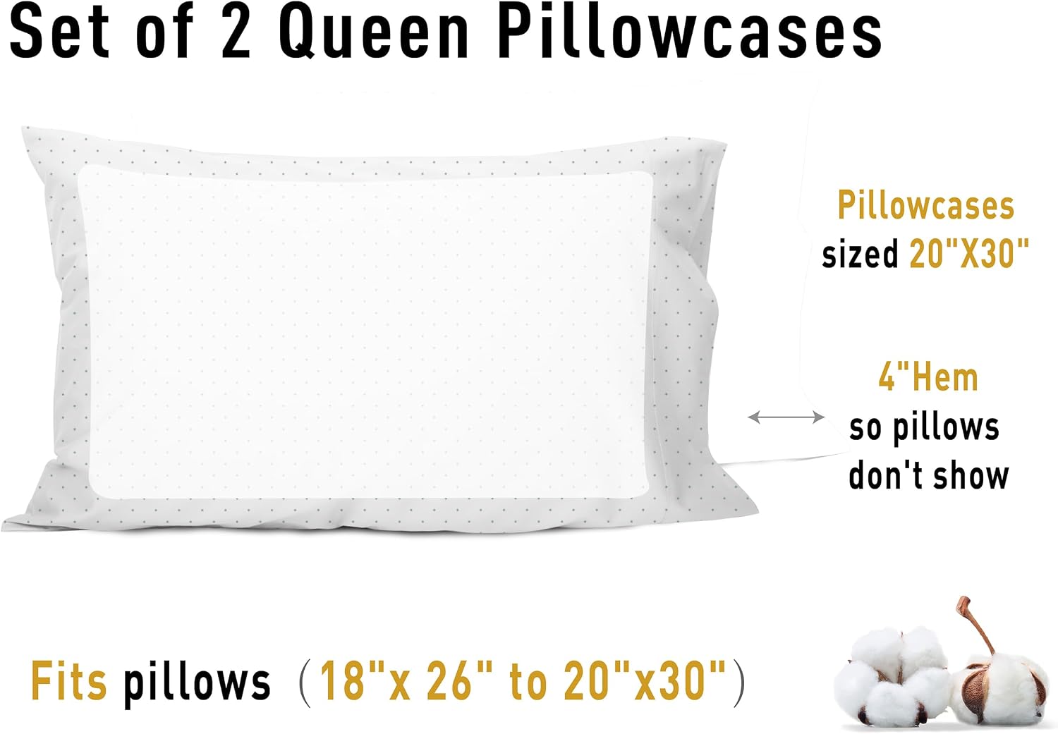Sunflower Queen Pillowcases Set of 2, 100% Cotton Queen Size Pillow Cases 2, 20×30 inches Powder Dots, Soft and Breathable