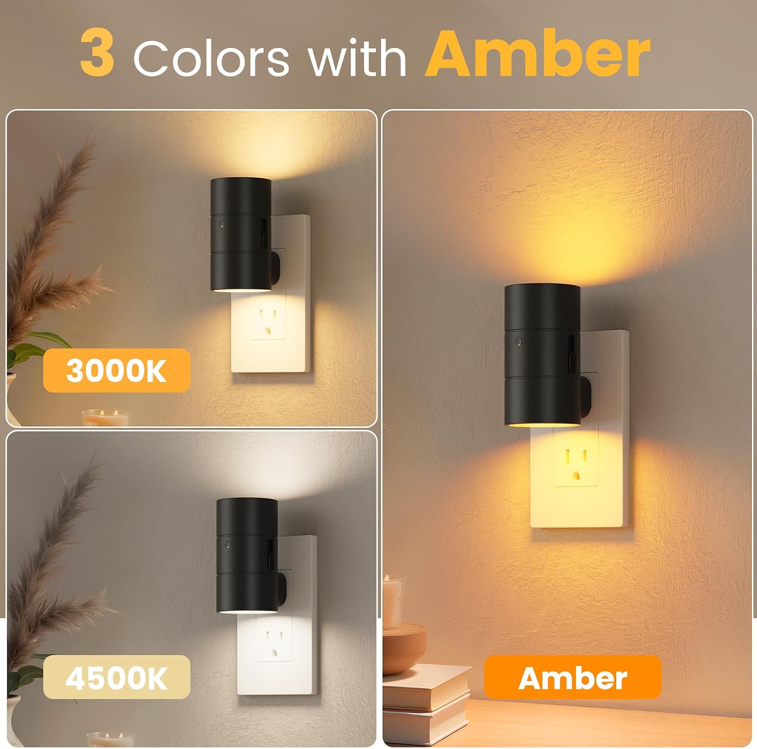VOLISUN Night Light, Dimmable Led Night Lights Plug into Wall, Amber/3000K/4500K, 0-100LM Adjustable Brightness, Dusk to Dawn Nightlight…