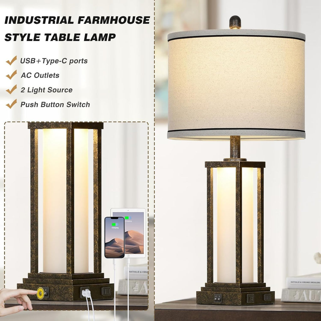 Cinkeda 27" Tall Vintage Table Lamp with USB C+A & Outlet, Bronze Industrial End Table Lamp for Living Room, Farmhouse Rustic Bedside Lamp…