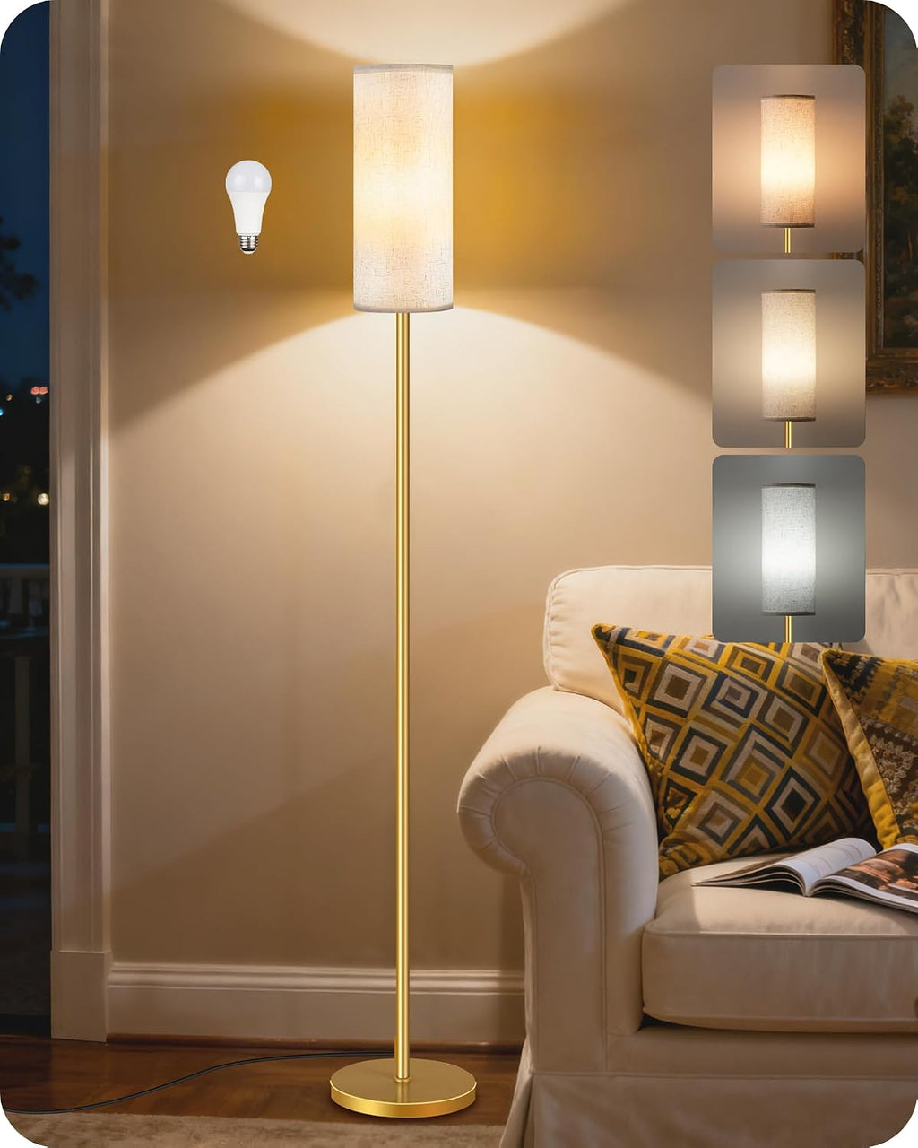 Dimmable Floor Lamp for Living Room with Remote and Foot Switch, Standing Tall Lamp, Bulb Included, 3000K-6500K, Beige and Gold, FCC…