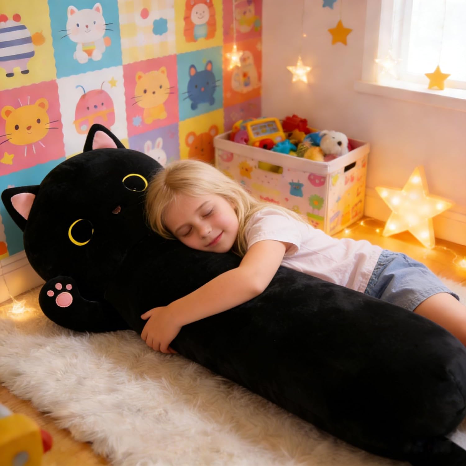 MaoGoLan Long Cat Body Pillow for Kids, 44'' Big Kitten Plush for Adults, Big Black Cat Stuffed Animal for Girl, Large Kitten Plush Throw…
