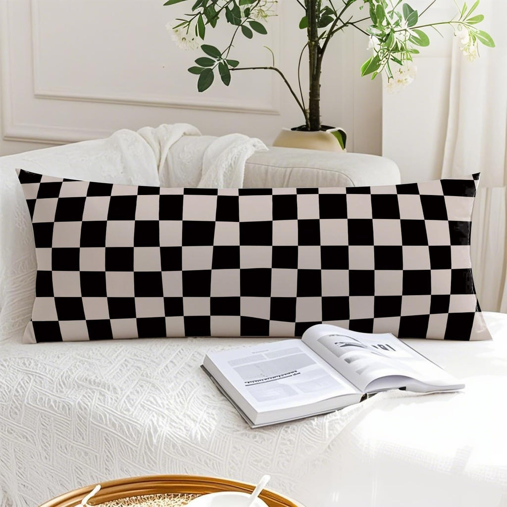 Abstract Boho Black and Beige Checkered 20x54 Body Pillow Cover, Checkered Home Decor, Modern Neutral Plaid Decorative Long Body Pillow…