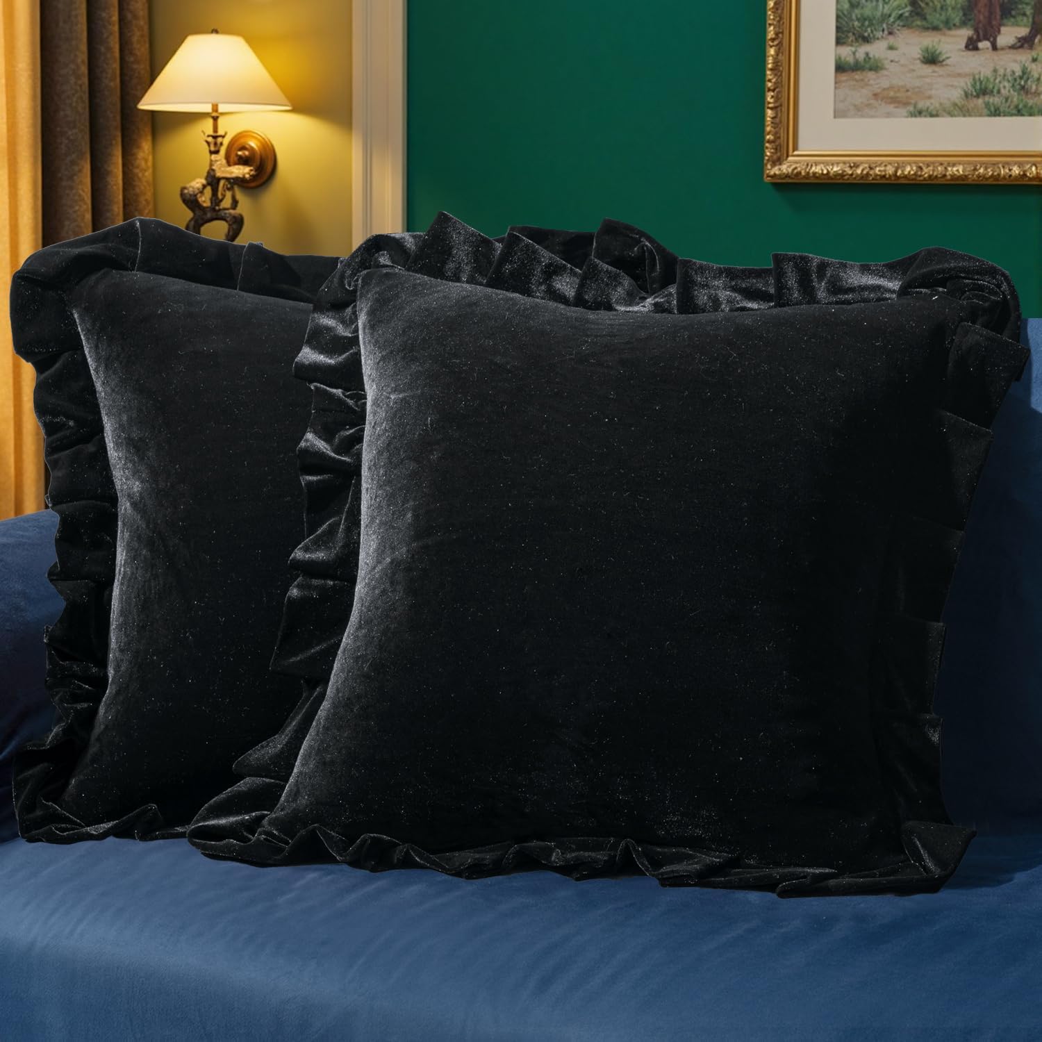 MIULEE Velvet Ruffle Throw Pillow Covers Soft Luxurious Black Pack of 2 20x20 Inch Square Cushions Vintage Gothic Decorative Ruffled…