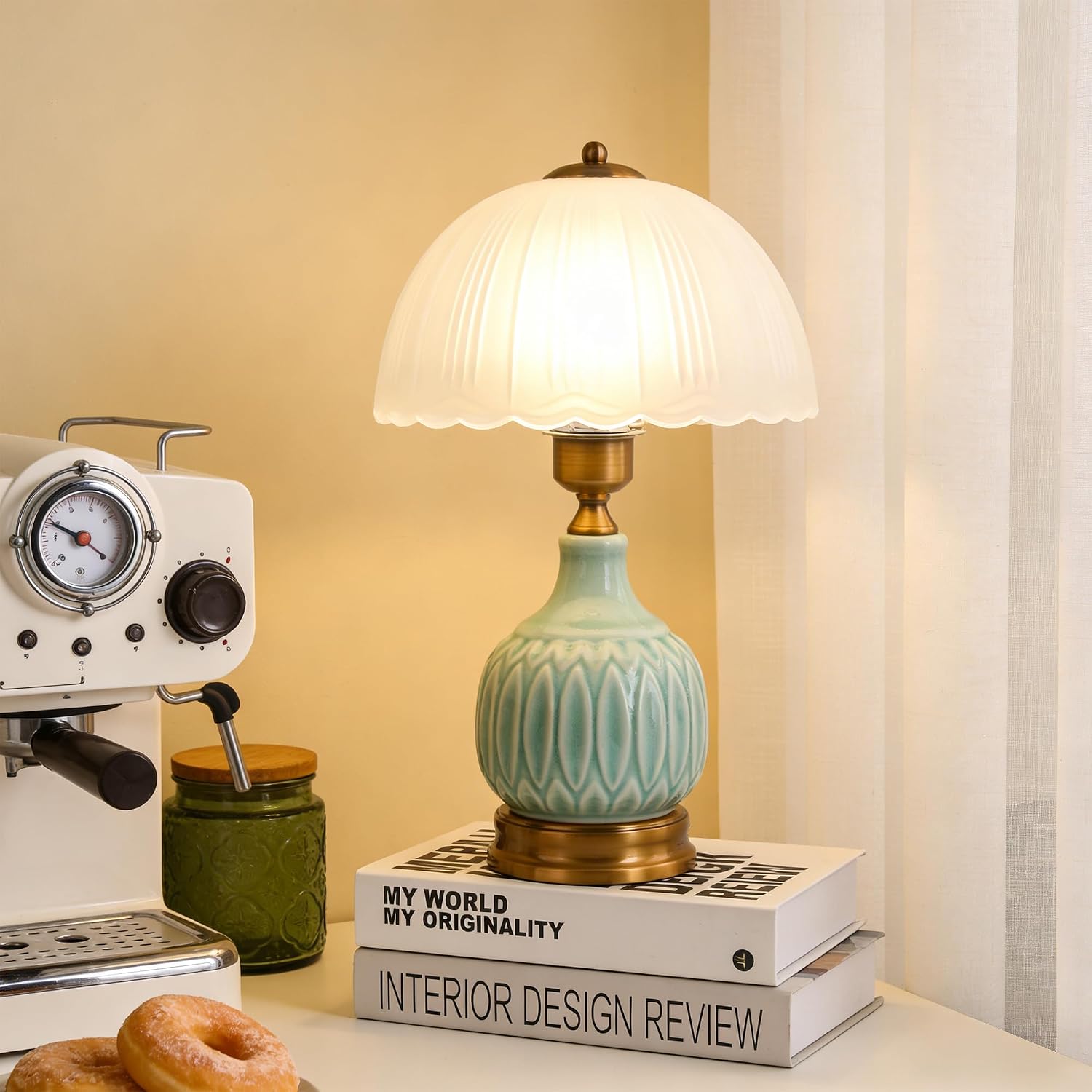 Table Lamps Ceramic Retro Lamp for Living Room,15.7" Modern Bedside Nightstand Traditional Lamps, Classic Chinoiserie Green Glass Lamp…