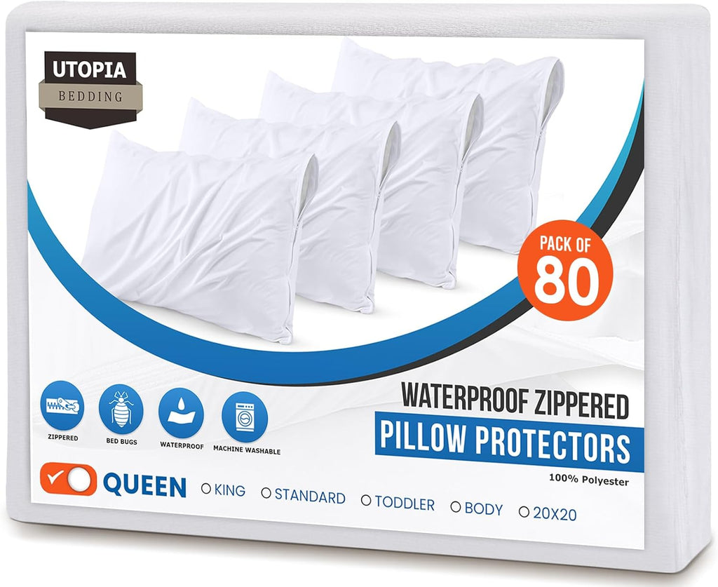 Utopiabedding Utopia Bedding 80 Pack Waterproof Pillow Protectors with Zipper Queen Size (White), Bed Bug and Dust Mite Proof Pillow case C…