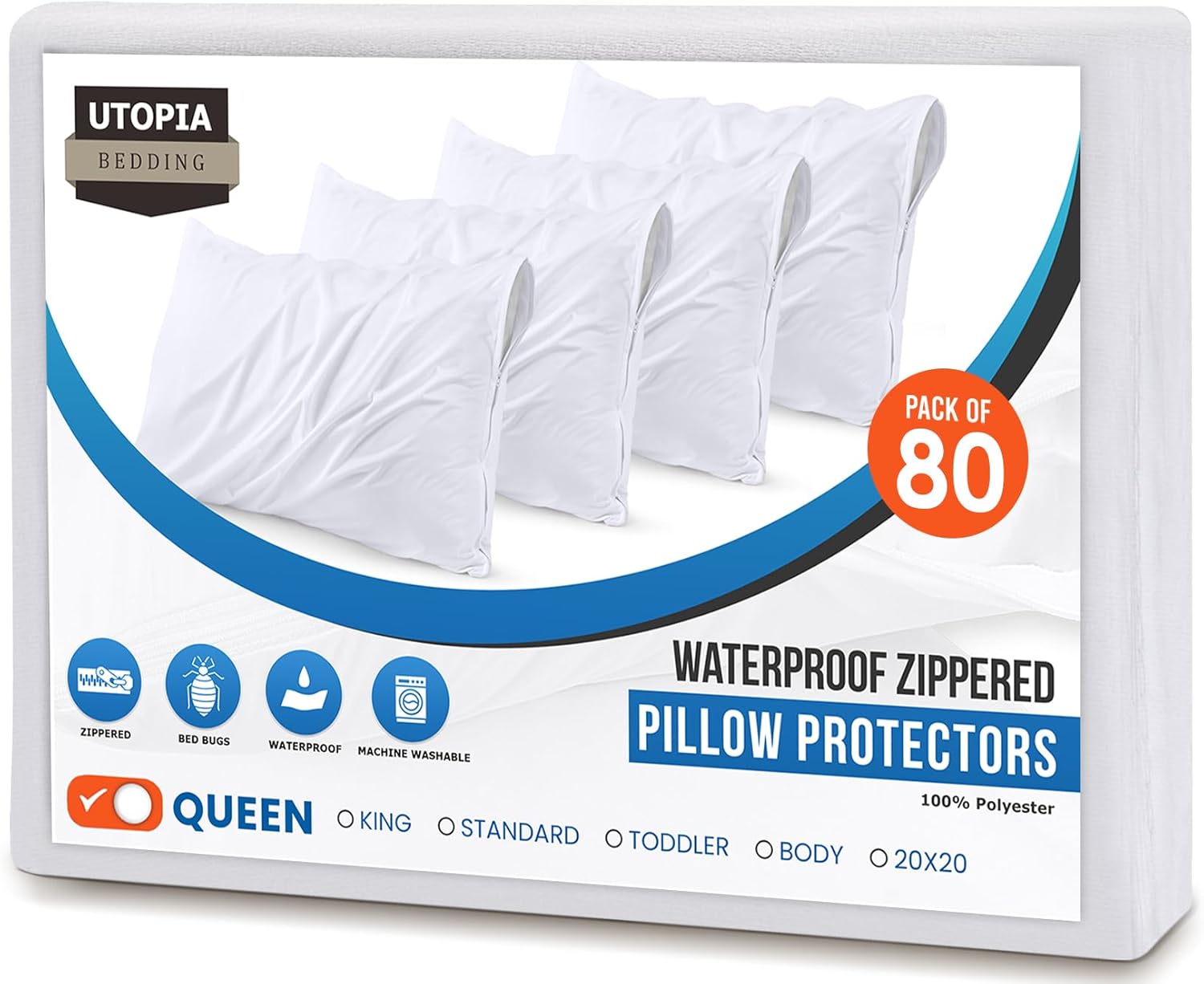 Utopiabedding Utopia Bedding 80 Pack Waterproof Pillow Protectors with Zipper Queen Size (White), Bed Bug and Dust Mite Proof Pillow case C…