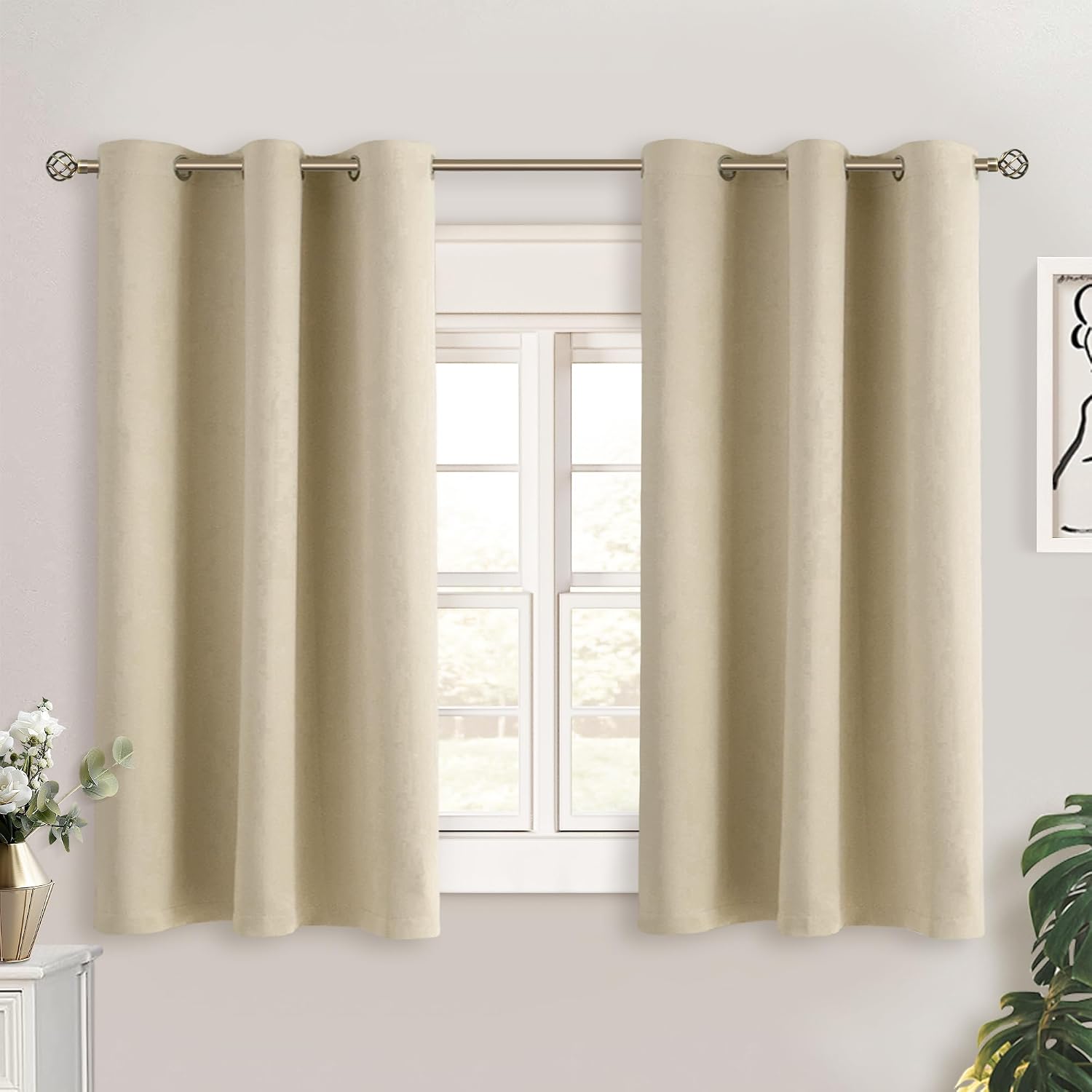BGment Beige Short Curtains for Kitchen Window, Room Darkening Curtains 45 Inch Length Thermal Insulated Drapes for Small Bedroom, Set of 2…
