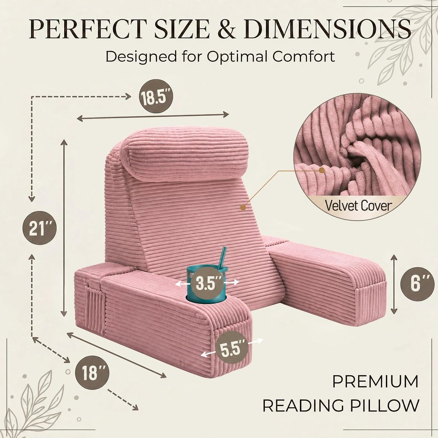 Asawesling Reading Pillow for Adults, Back Pillow for Bed Sitting Up, Backrest Pillow for Sitting in Bed, Detachable Arms with Built-in Cup…