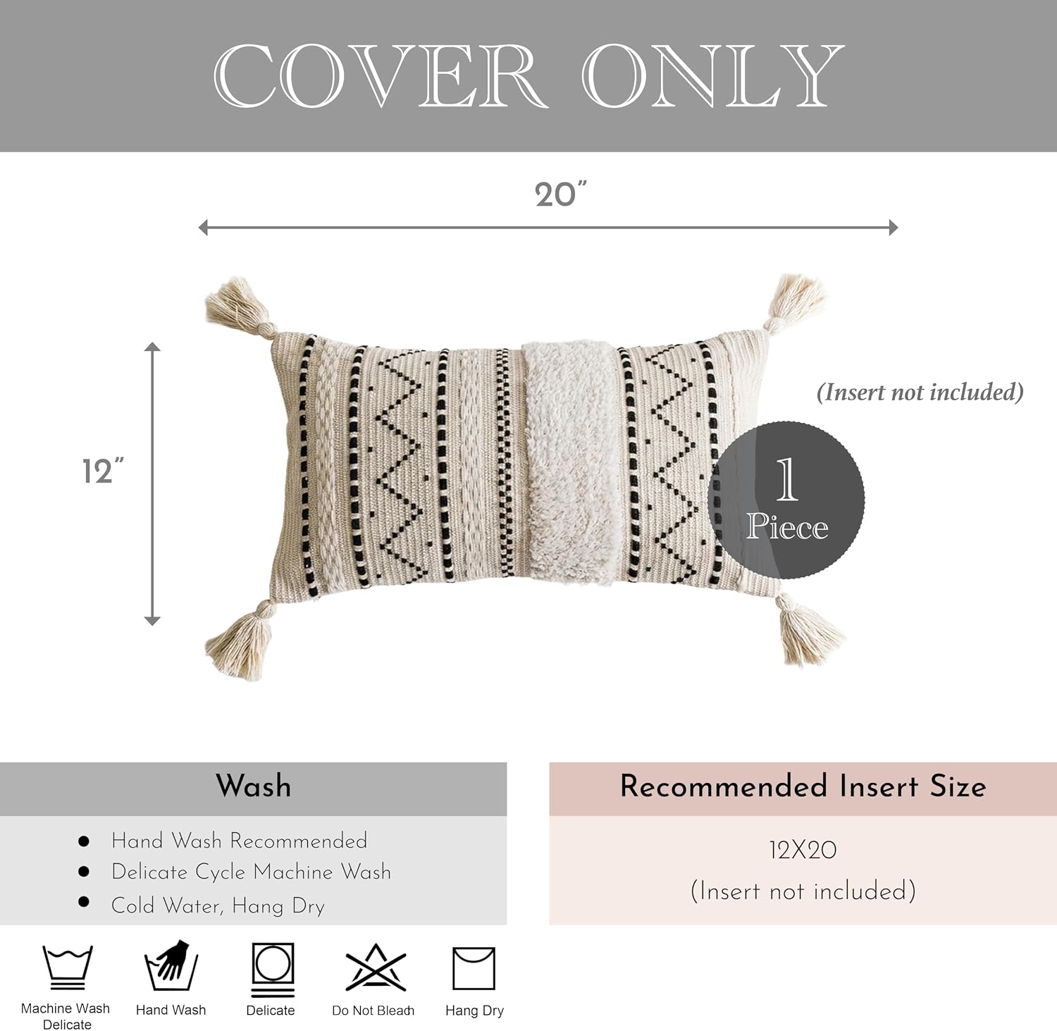 BlissBlush 12x20 Lumbar Pillow Cover, Cream Neutral Rectangular Decorative Cushion Cover with Black Pattern, Cotton Boho Accent…