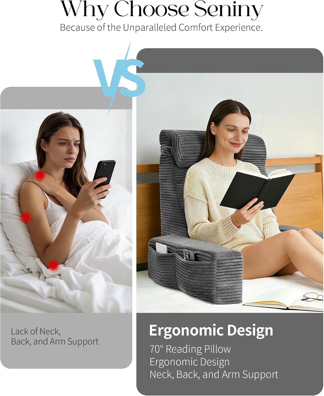 Seniny Reading Pillow for Bed Adult - 22" Back Support Pillow for Sitting Up Rest, Husband Bed Chair and Backrest Pillow with Arms, Lounge…