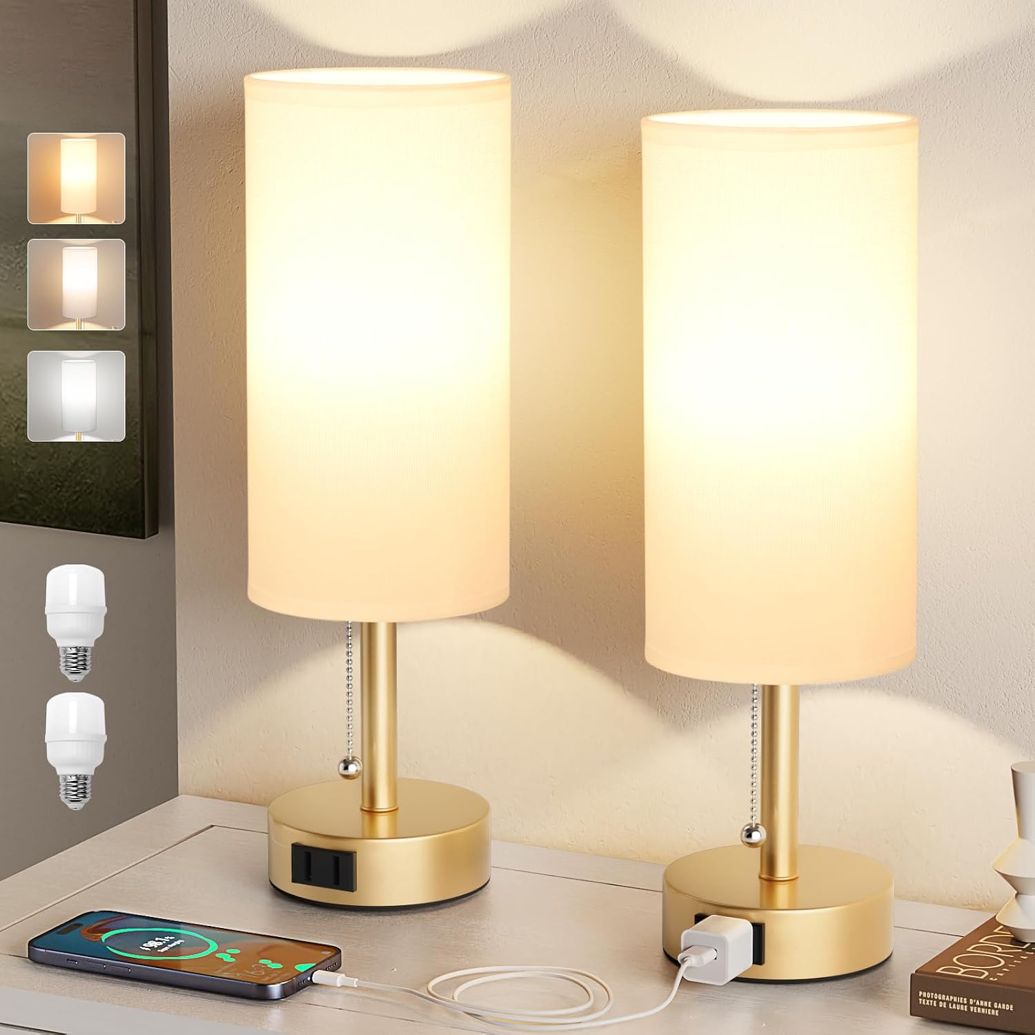 Fenmzee Gold Bedside Table Lamps Set of 2-3 Color Temperatures Pull Chain Lamp with AC Outlet Charging Port, Two Round Night Stand Lamps…