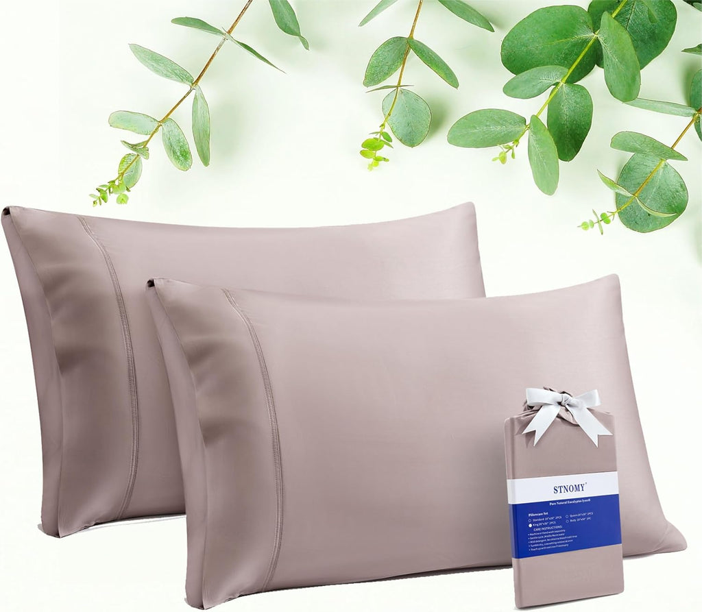 Stnomyhome Eucalyptus Tencel Cooling Pillowcase 2 Pack King Taupe | Moisture Wicking for Night Sweats | 3X Faster Drying | Oeko-TEX Certifi…