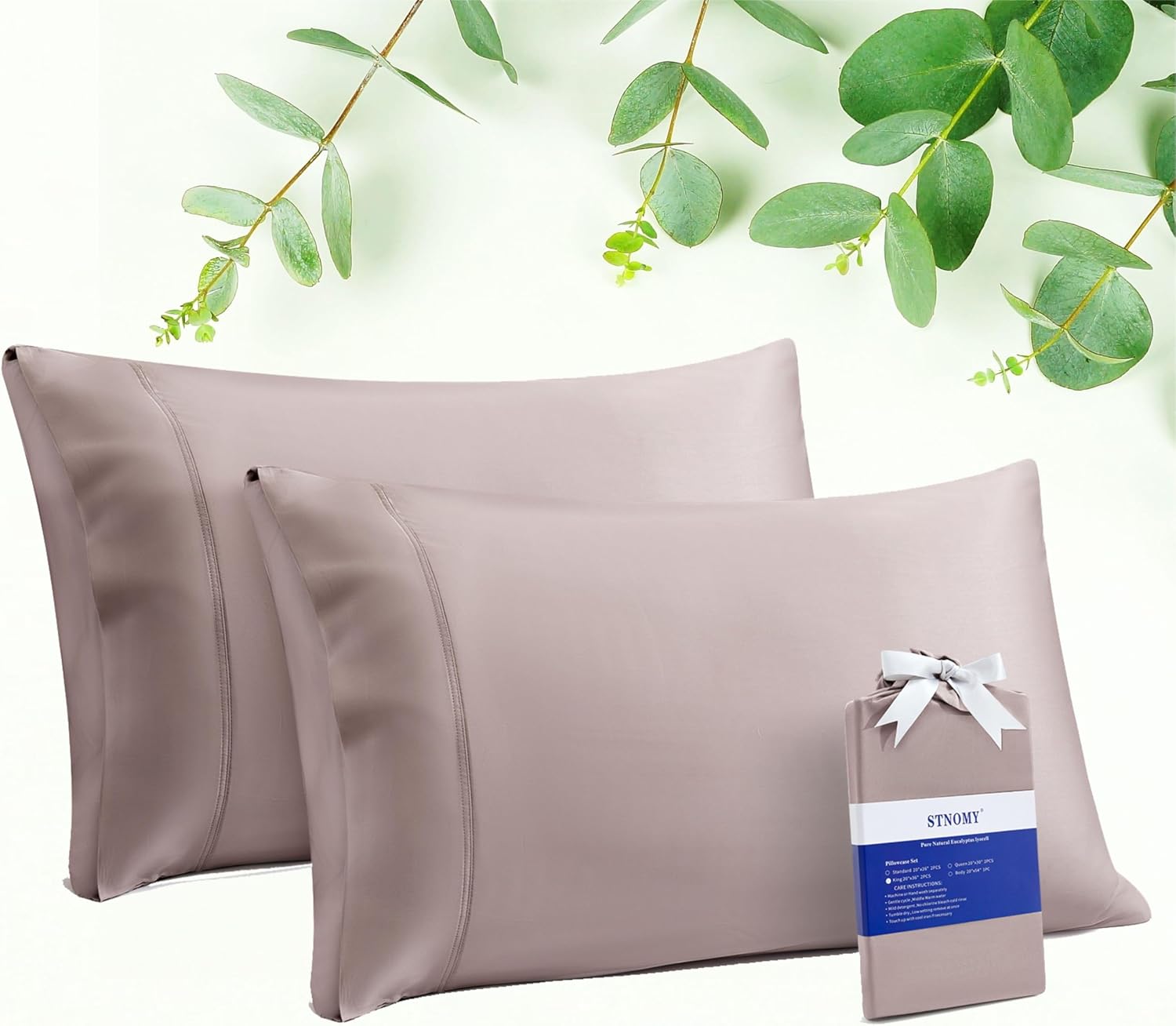 Stnomyhome Eucalyptus Tencel Cooling Pillowcase 2 Pack King Taupe | Moisture Wicking for Night Sweats | 3X Faster Drying | Oeko-TEX Certifi…