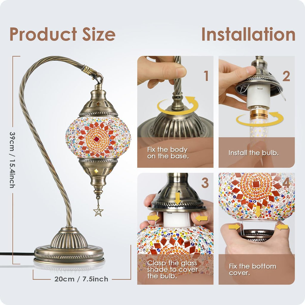 Yarra-Decor Turkish Moroccan Lamp with Bronze Base 3 Color Options Handmade Swan Neck Tiffany Mosaic Glass Bedside Lamps for Bedroom (LED…