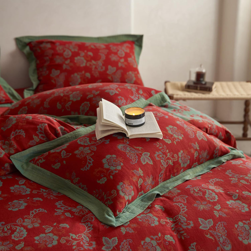 mixinni Exquisite Vintage Red Floral Duvet Cover Queen Size Yarn-Dyed Jacquard Textured Design Duvet Cover Set with Green Edge Design Musli…
