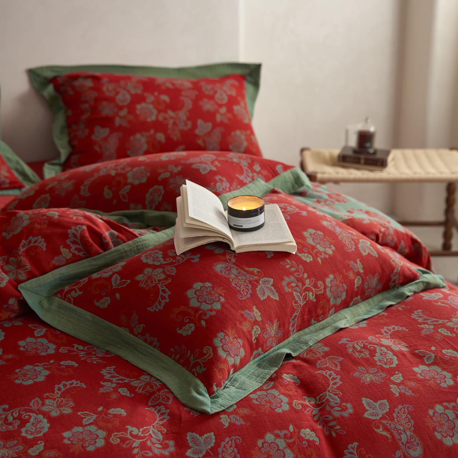 mixinni Exquisite Vintage Red Floral Duvet Cover King Size Yarn-Dyed Jacquard Textured Design Duvet Cover Set with Green Edge Design Muslin…