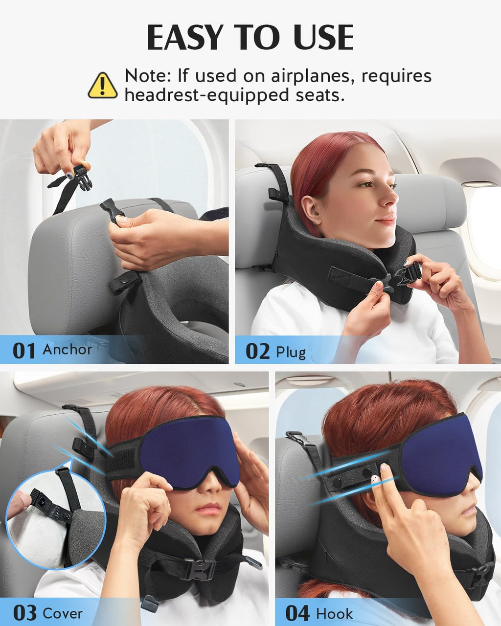 YFONG Travel Pillow for Long Flight Airplanes, Head Strap Combo with 3D Contoured Eye Mask for Sleep, Neck Pillow for Car Trip Essential…