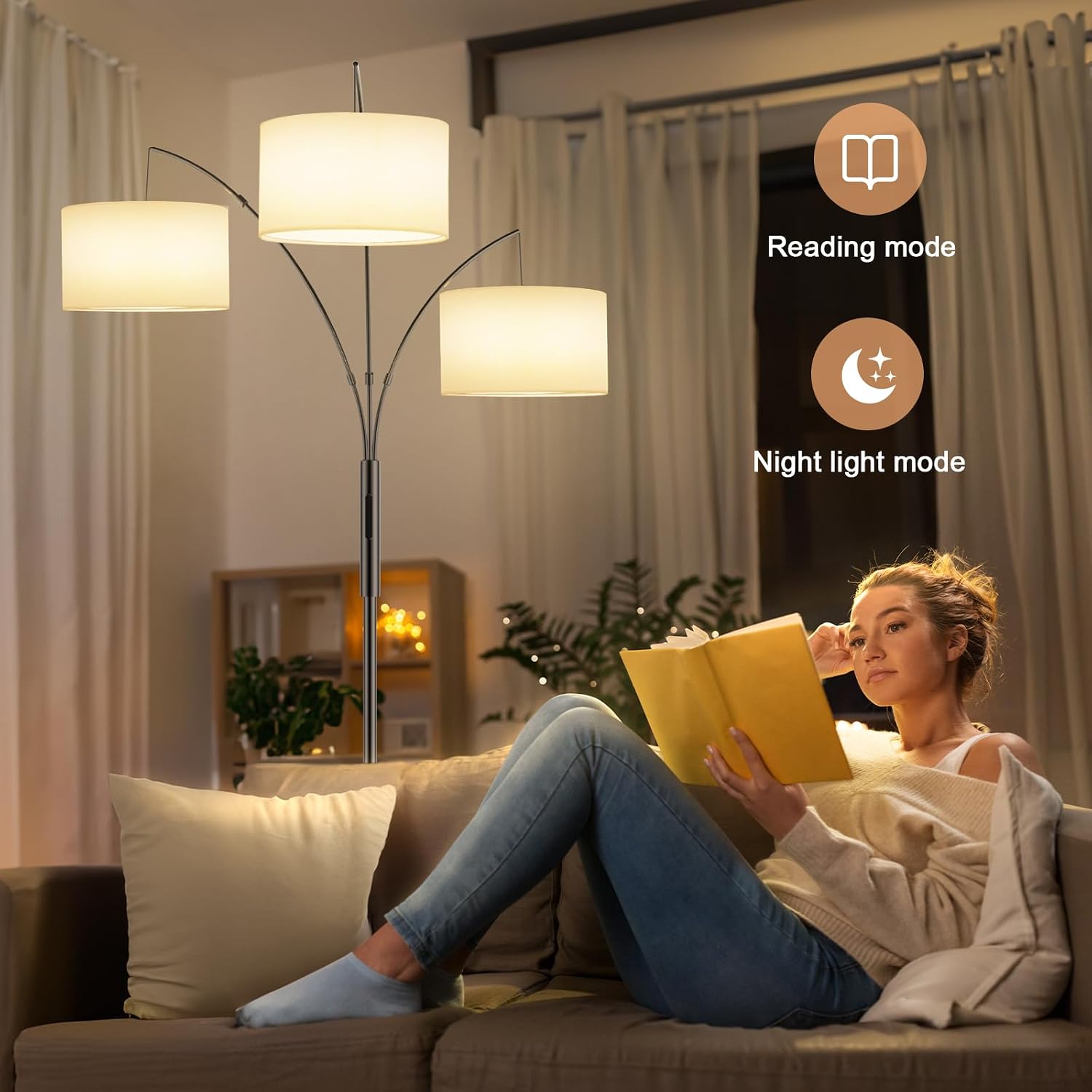 SIBRILLE 36W RGB Arc Floor Lamp with 3 Fabric Shades, 3000LM Super Bright Standing Lamp with Remote Control & Touch, Stepless Dimming…