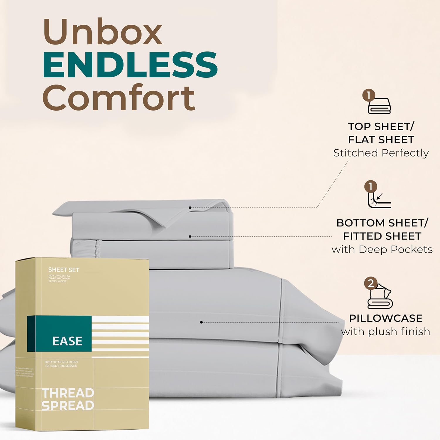 THREAD SPREAD Egyptian Cotton California King Sheet Sets – 300 Series 16" Deep Pocket California King Cotton Sheets (4 PC, Light Grey)…