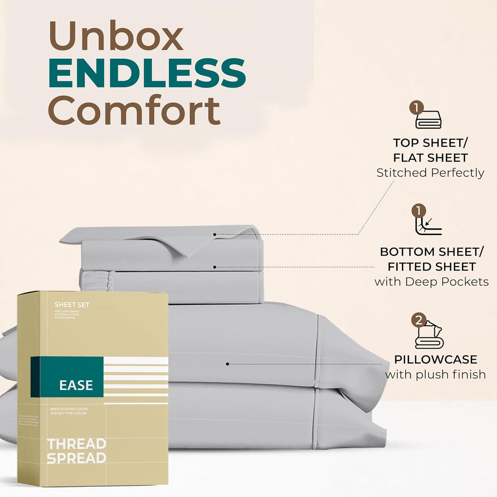 THREAD SPREAD Egyptian Cotton Sheets Queen Size – 300 Series 16" Deep Pocket 100% Cotton Queen Sheet Set (4 PC, Light Grey), Soft…