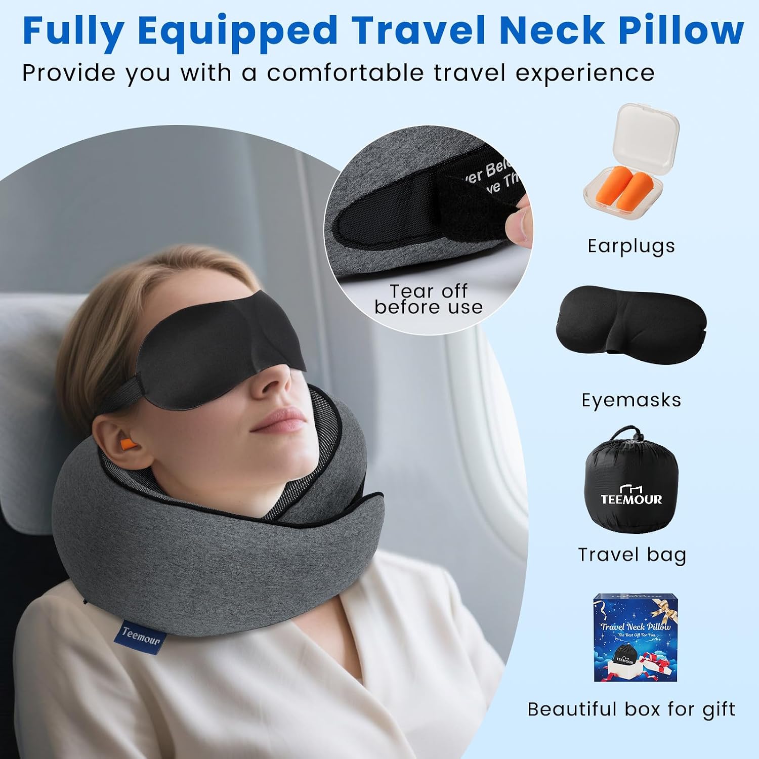 Travel Pillow Memory Foam Neck Pillow for Airplanes Long Flight Comfort 360° Support Airplane Pillow Design for Car Rides, and Home Use…