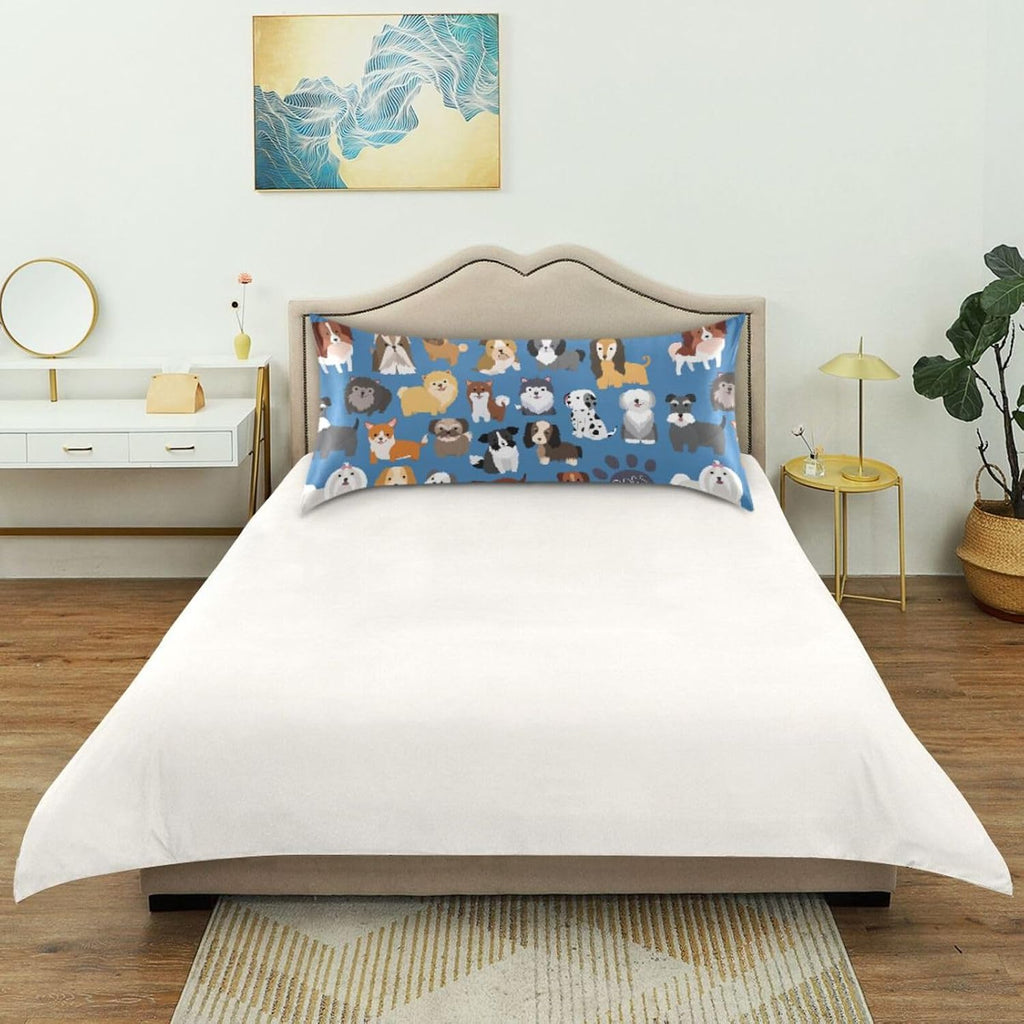 Dogs Cute Blue Print Pillow Covers Silk Pillowcase for Hair and Skin Soft Breathable Smooth Cooling Satin Pillowcase Queen Size Pillow…