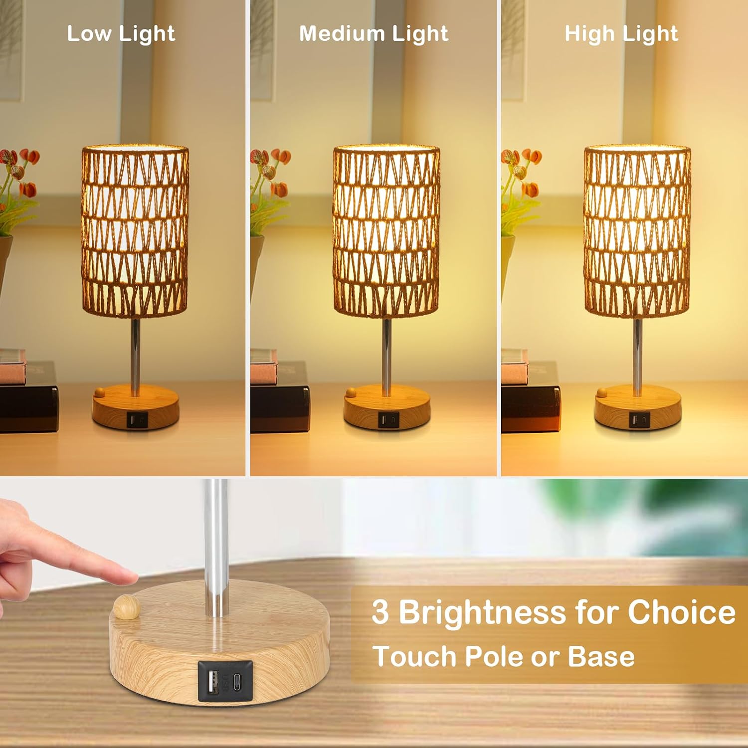 Bedside Lamps Set of 2 with Bulb, Touch Control Nightstand Lamp for Bedroom with Rattan & Linen Shade, 3 Way Dimmable Small Boho Table…