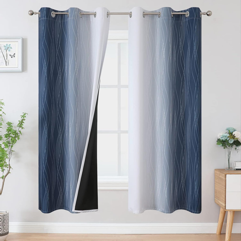 Estelartextiler Estelar Textiler Full Room Darkening Greyish White and Navy Blue Blackout Curtains 72 Inch Length 2 Panels Set, Ombre Therm…
