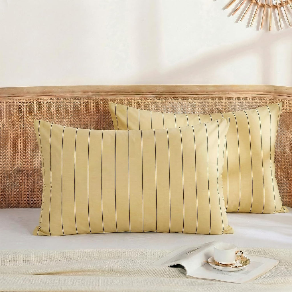 Merryword Yellow Striped Pillowcases, 100% Cotton Pillow Cases, Queen Size Pillowcases, Luxury Linen Like Pillowcase, Soft Breathable Pinst…