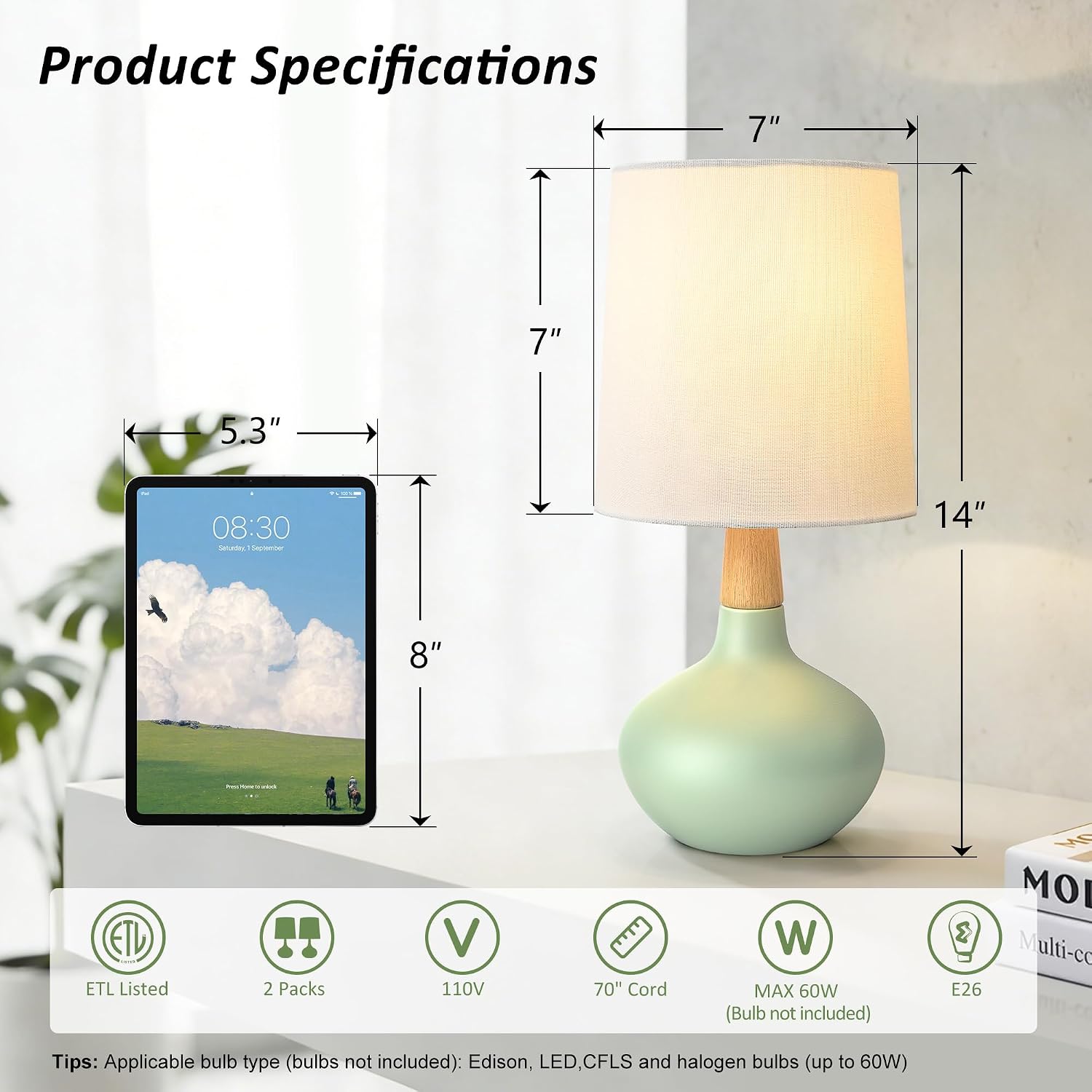 14" Ceramic Table Lamp Set of 2, Small Bedside Lamp with Natural Wood Stem & Linen Shade, Modern Farmhouse Night Lamp for Bedroom Living…