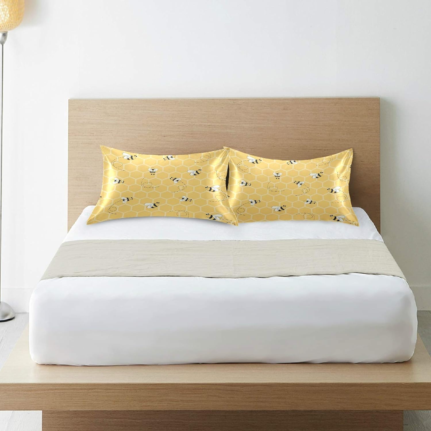 Satin Pillowcase for Hair and Skin Silkly Decorative Pillow Sham with Envelope Closure Pillow Cover (20x30in, Yellow Honeycomb Bee)