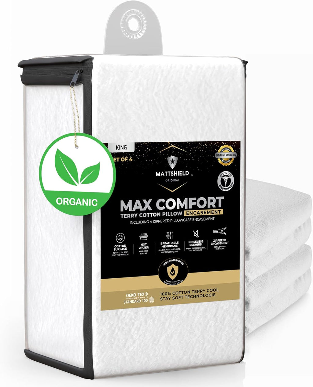 Mattshieldoriginal 4-Pack MATTSHIELD Max Comfort Pillow Protectors, King — Zippered, 100% Waterproof, Organic Cotton Terry Surface, Quiet &…