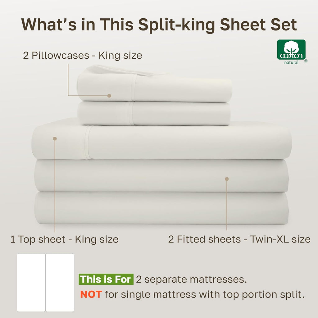 CaliforniaDesignDen CALIFORNIA DESIGN DEN Soft 100% Cotton Split King Sheet Set, 400 Thread Count Good Housekeeping Award Winner, Silky Sat…