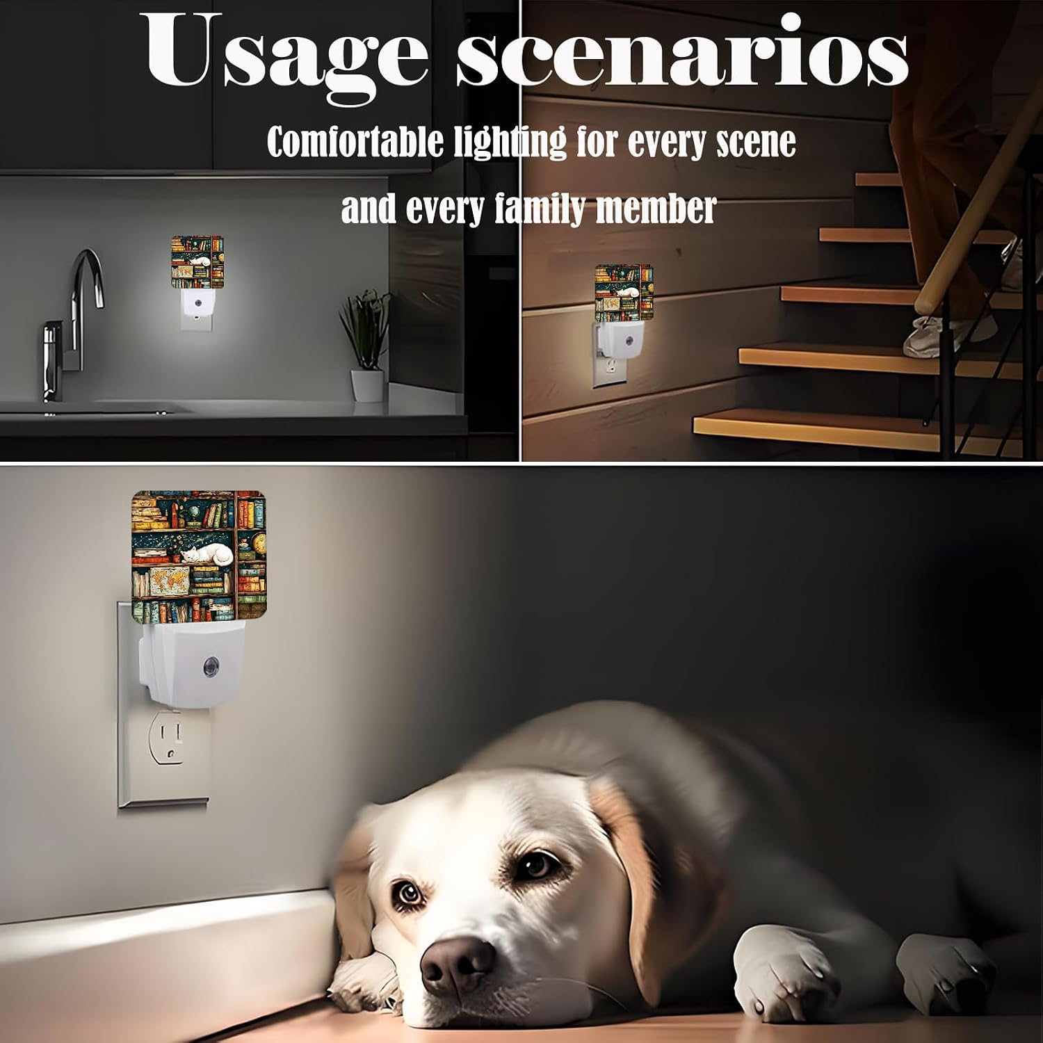 Sleeping Cat and Bookshelf Night Light, Plug-in Night Lights with Dusk-to-Dawn Sensor for Stairway, Hallway, Bedroom Sleep Friendly Ideal…