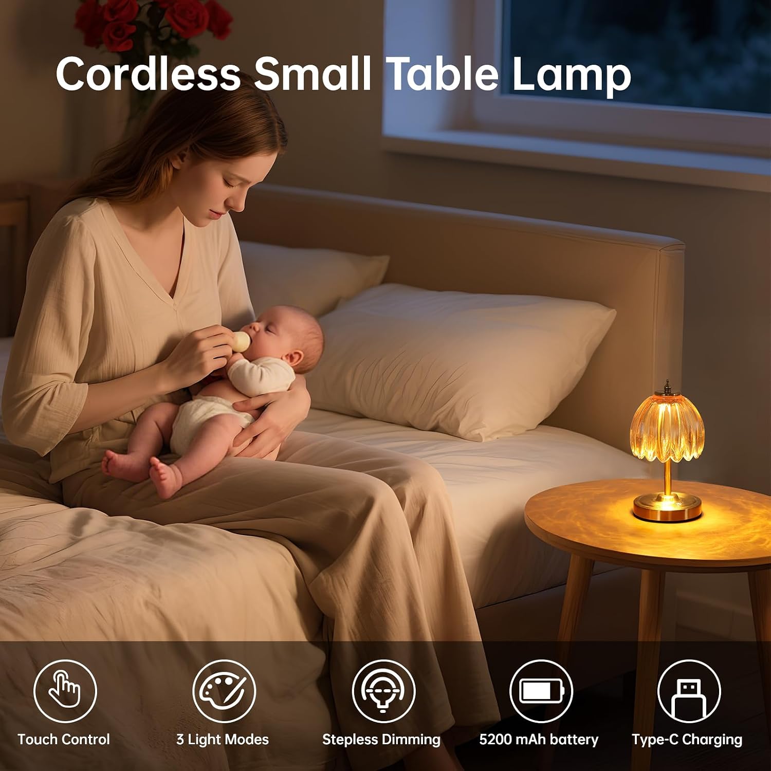 Shenmoyl Set of 2 Tulip Table Lamp with 5200mAh Battery & Touch Control, Cordless Small Table Lamp with 3 Colors, Rechargeable Battery Oper…