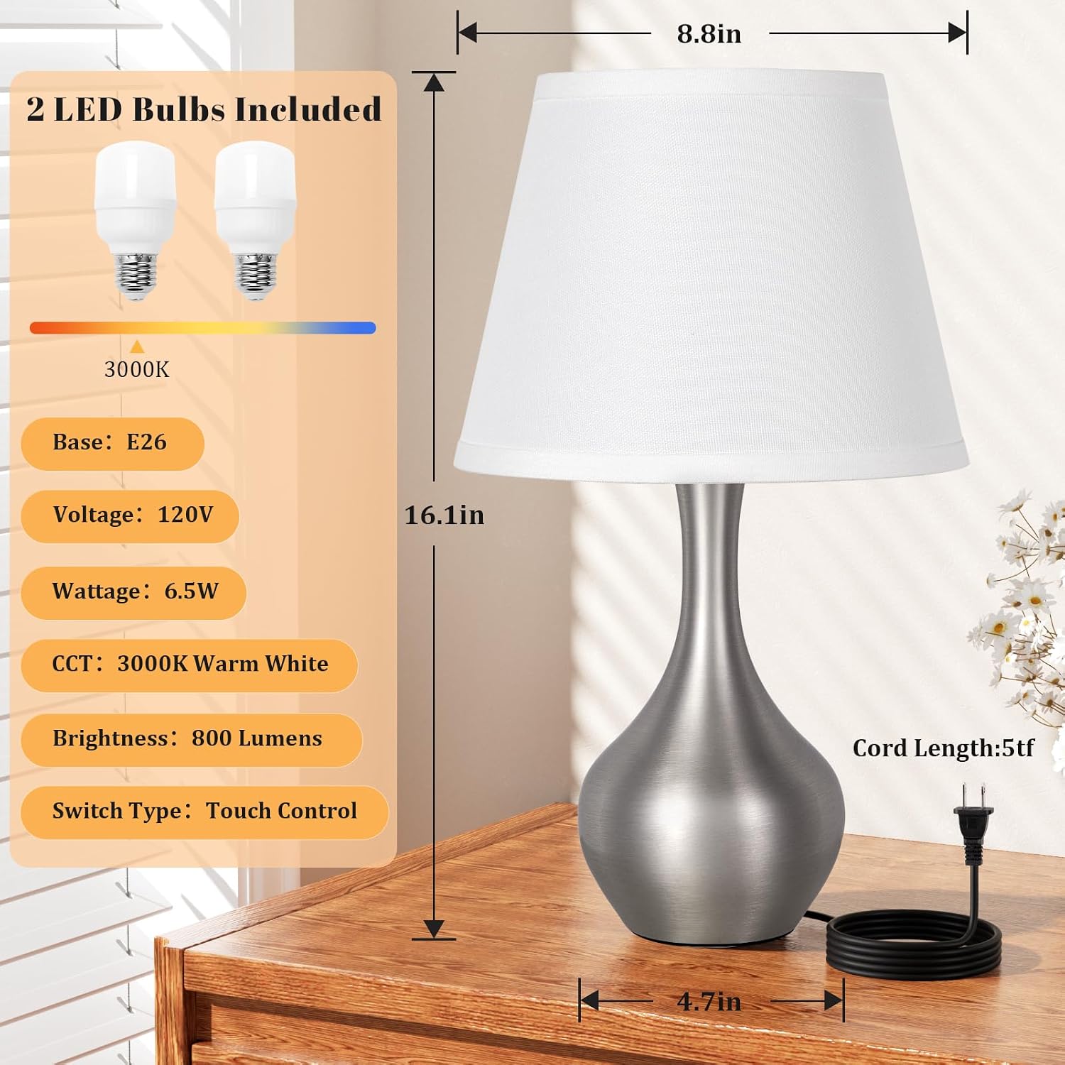 Seealle Touch Table Lamps for Bedroom Set of 2,3-Way Dimmable Small Bedside Lamps for Night Stands with Wires, Silver Desk Lamps for Kids…