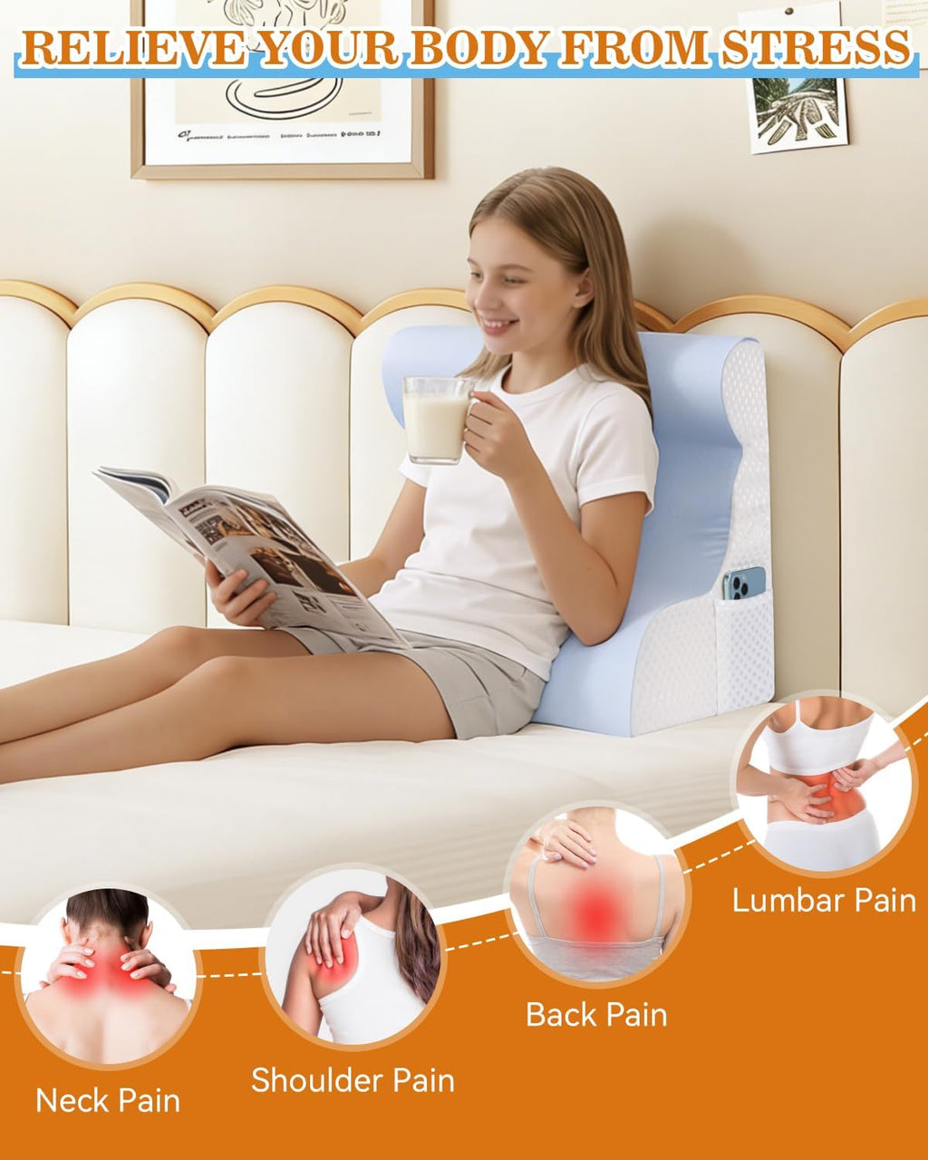 Reading Pillow for Sitting in Bed, Back Pillow for Sitting Up & Bed Wedge Pillow for Sleeping, Lumbar Rest & Neck Support Bed Pillows…