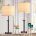 Modern Brown Table Lamps Set of 2, 23’’-30’’ Adjustable Bedroom Lamps with 2 USB Ports, Living Room Lamp Set with Cream Linen Shade…