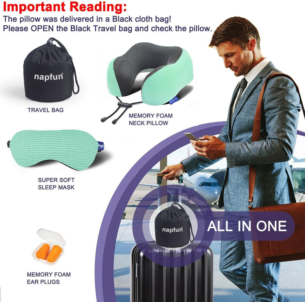 napfun Neck Pillow for Travel with Travel Pouch, Sleep Mask & Earplugs, Memory Foam Airplane Pillow for Headrest Sleep with Eyeshades…