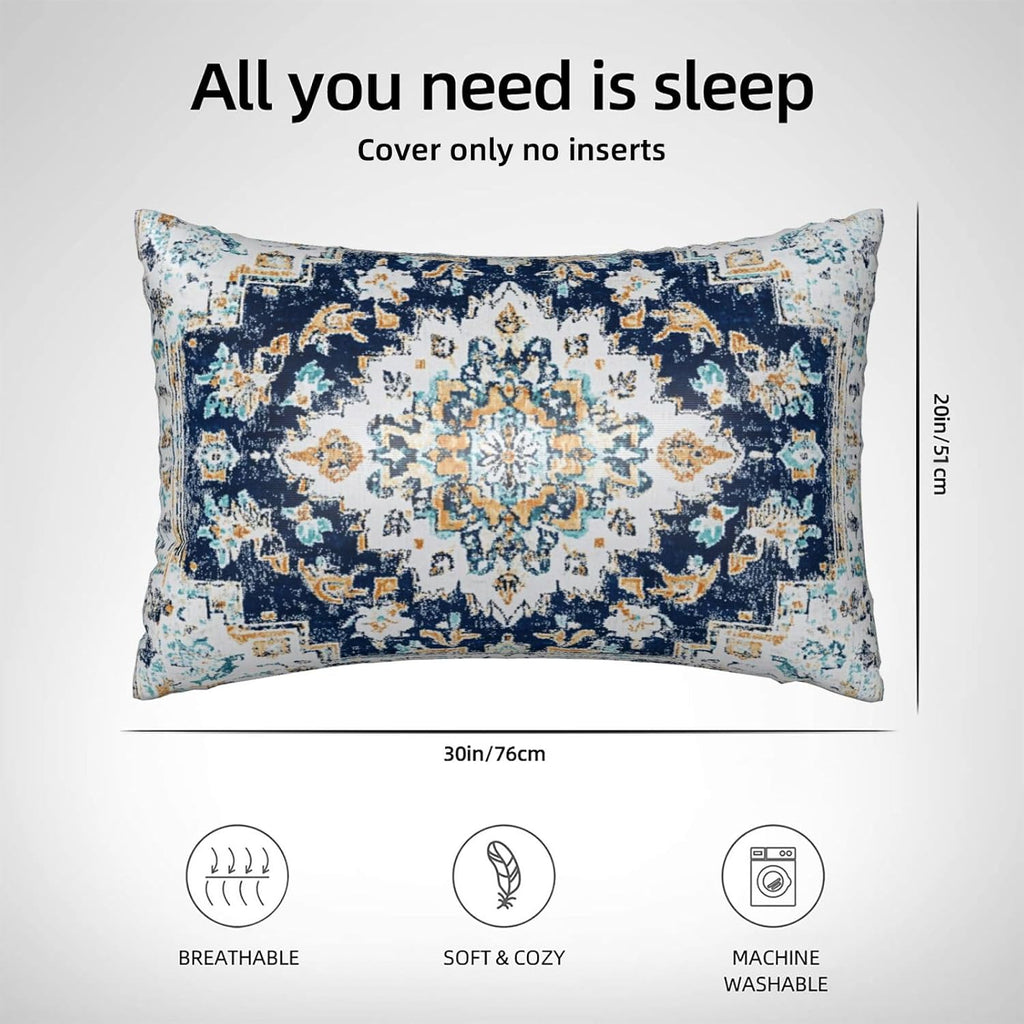Imitation Silk Pillowcase for Hair and Skin Boho Dark Blue Ethnic Carpet 1 Pack Satin Queen Pillowcase with Hidden Zipper Cooling Pillow…
