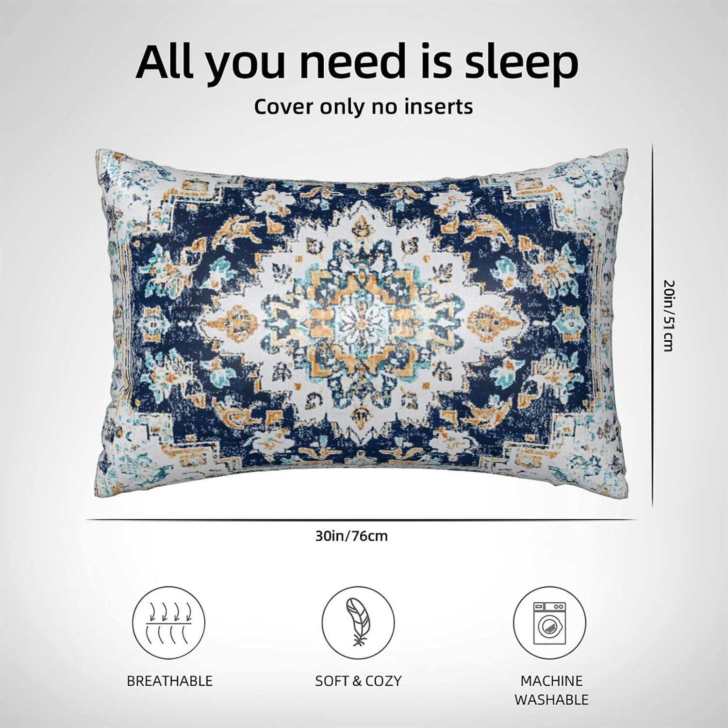 Imitation Silk Pillowcase for Hair and Skin Boho Dark Blue Ethnic Carpet 1 Pack Satin Queen Pillowcase with Hidden Zipper Cooling Pillow…