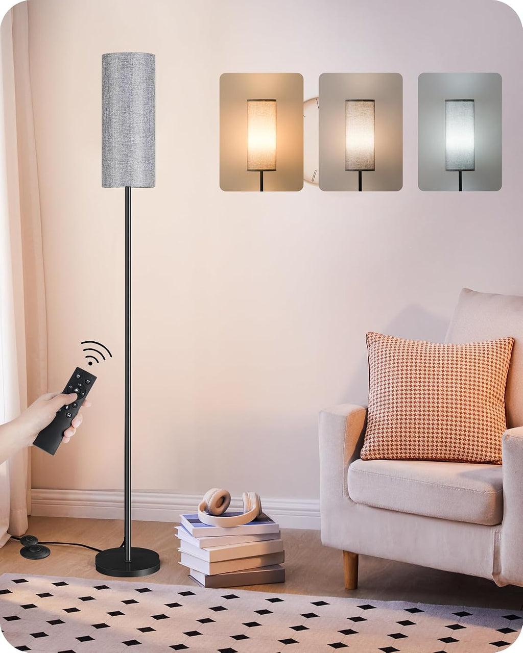 Dimmable Gray Floor Lamp for Living Room with Remote and Foot Switch, Corner Floor Lamp for Bedroom, Modern Standing Tall Lamp, 10W 900LM…