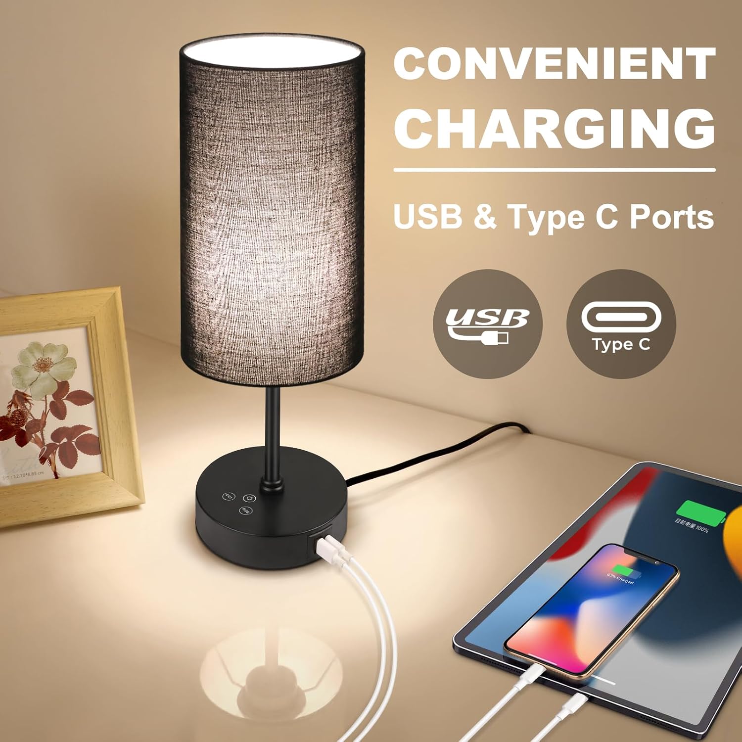 Unicozin Table Lamp for Bedroom, 3 Color Temperatures, 7 RGB Colors, Adjustable Brightness, Dual USB Charging Ports, Ambience Nightstand…