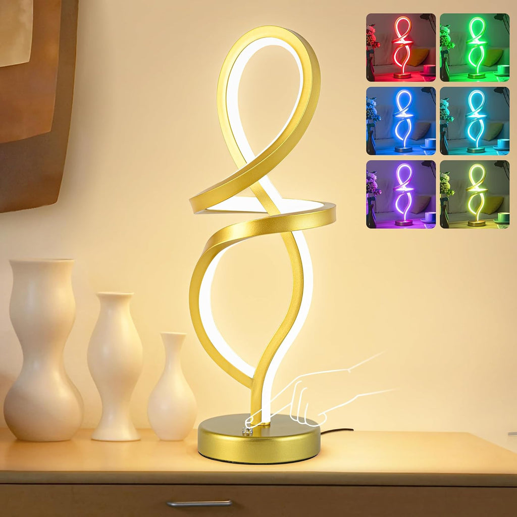 Mayful Modern RGB Table Lamp with 15W LED Unique Spiral Design, Gold Small Nightstand Lamp & Bedside Lamps, Touch Dimmable with 7 Colors…