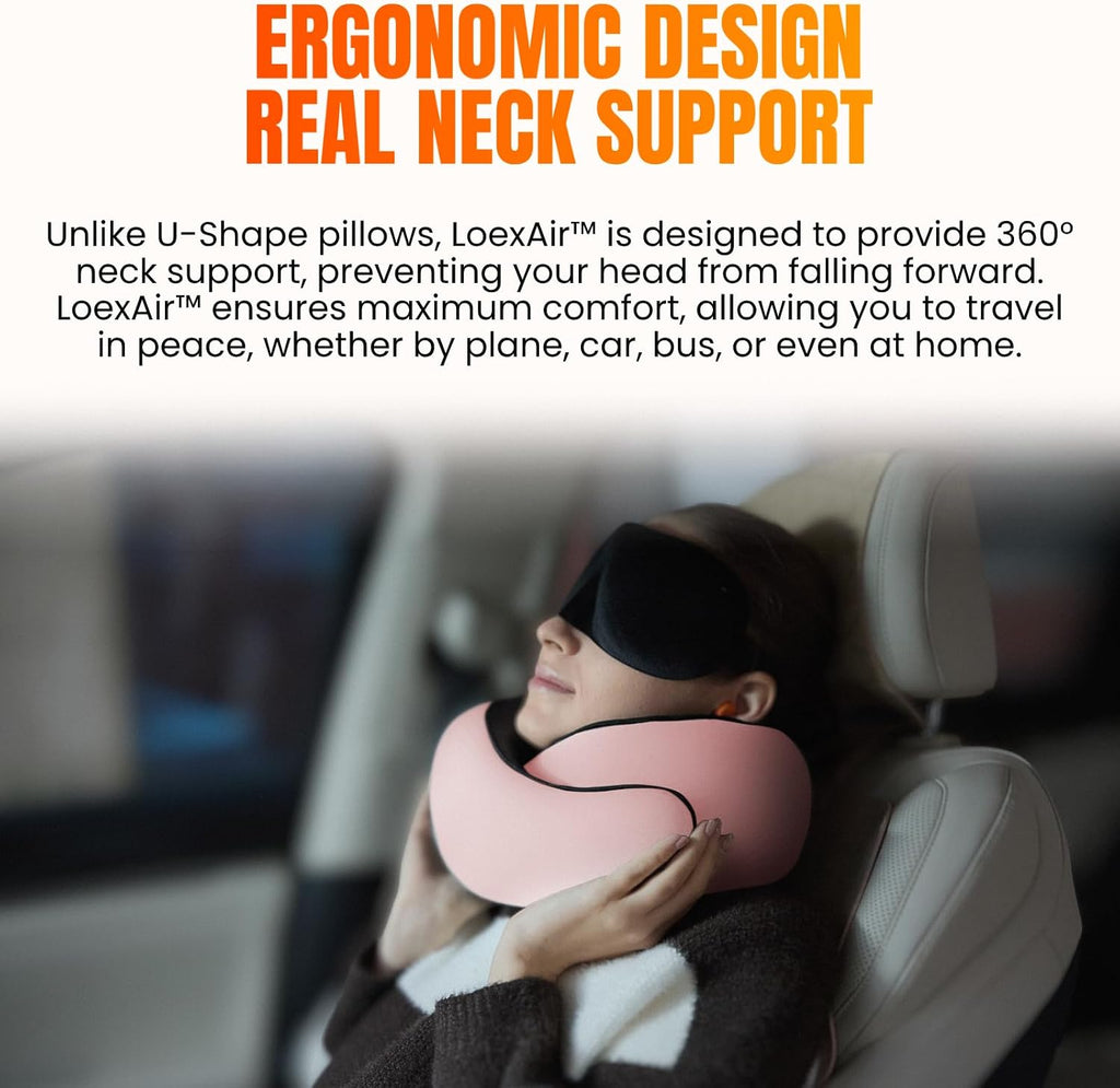 LOEXAIRTM Hooded Pro Travel Pillow - Memory Foam Neck Support Pillow for Airplane, Flight - Super-Soft Pure Cotton Fabric, Maximum Privacy…